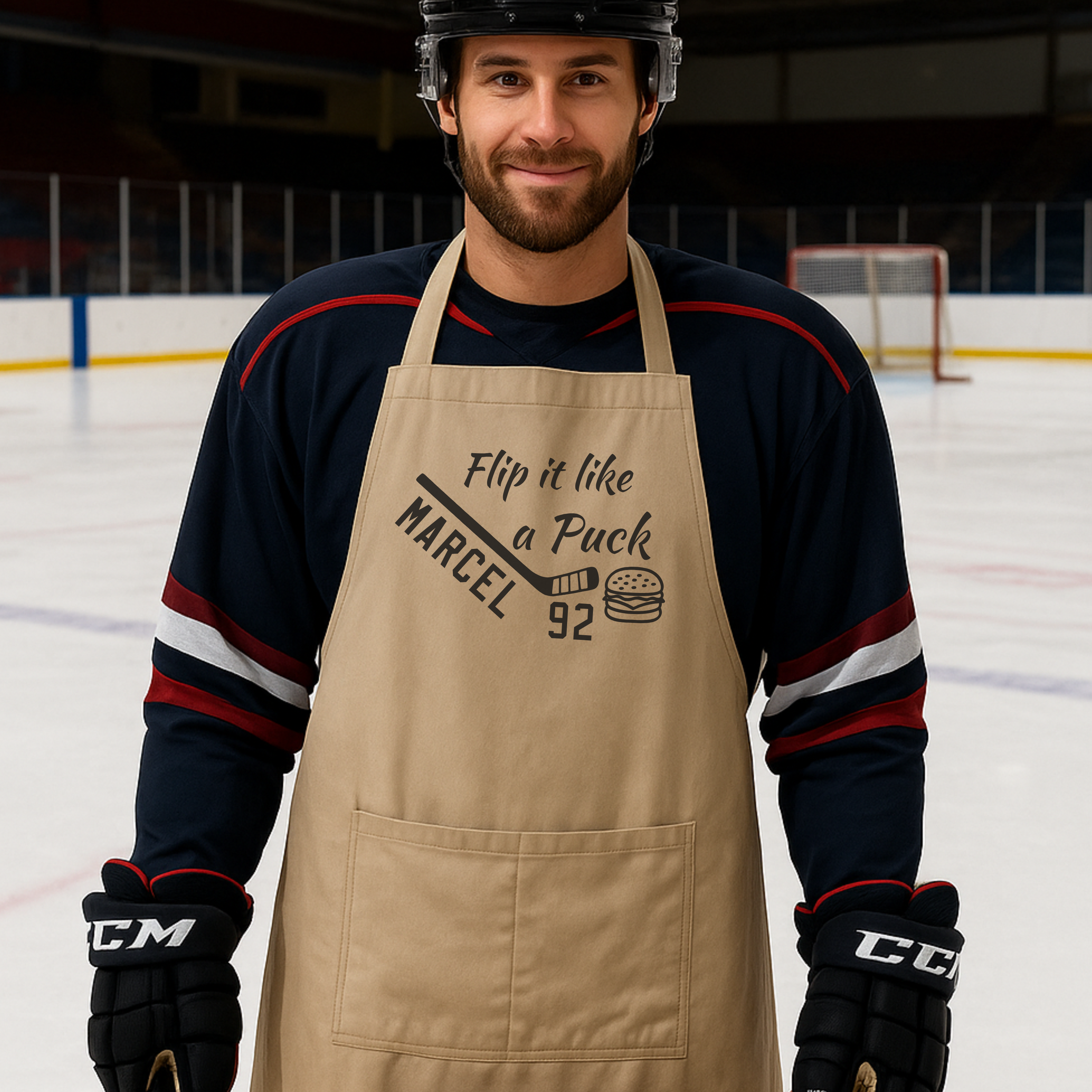 Ice hockey apron, "Flip it like a puck"
