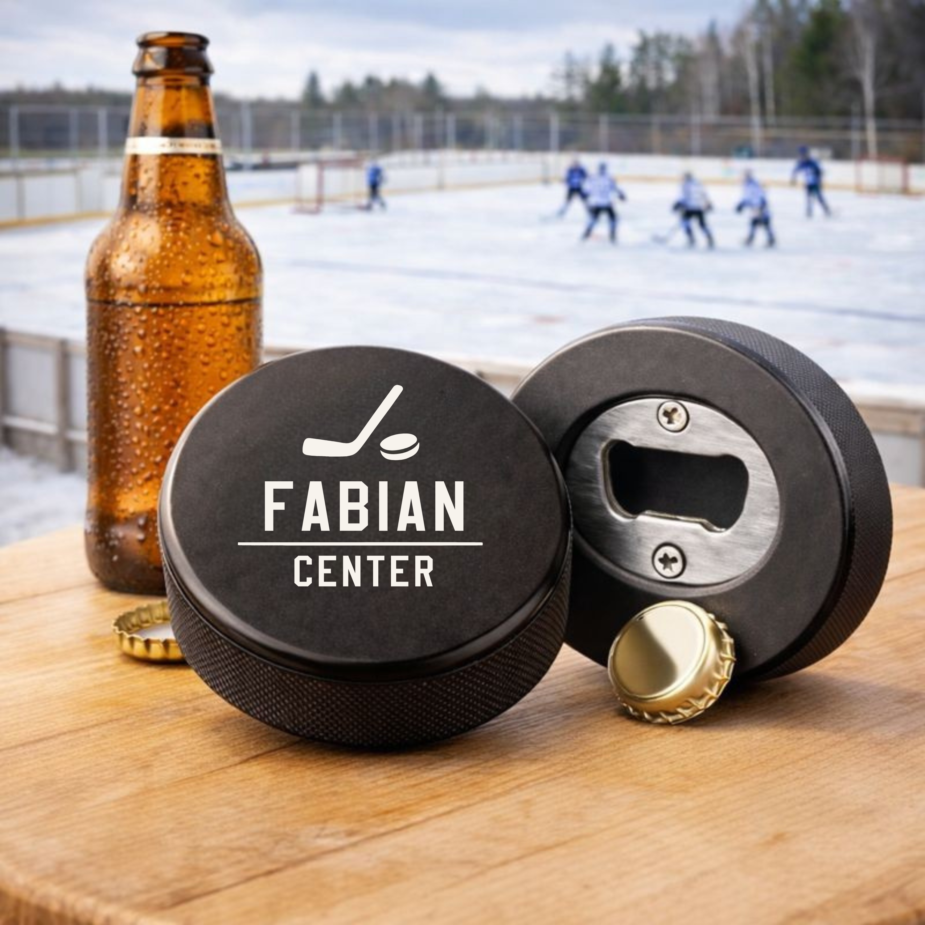 Puck bottle opener, name, desired word