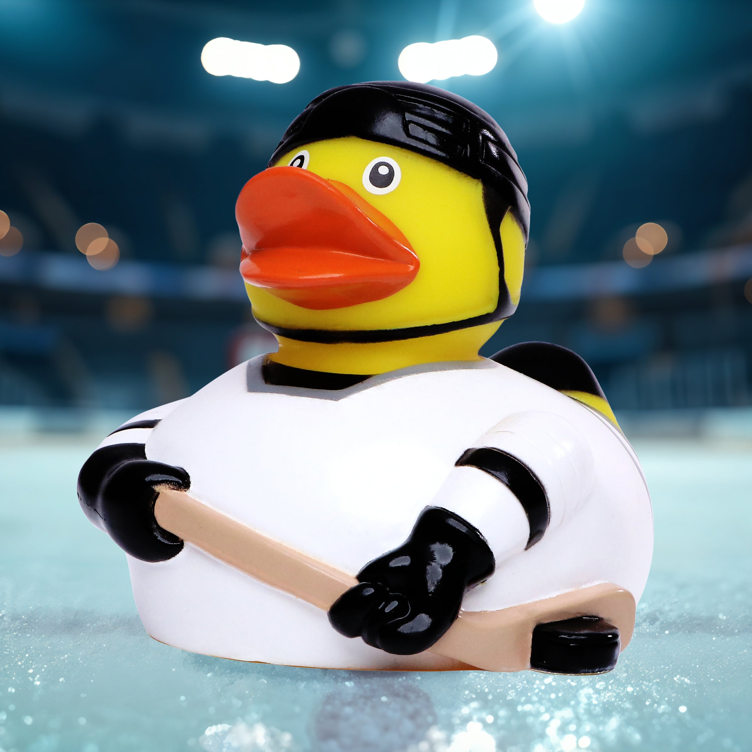 Rubber duck ice hockey player