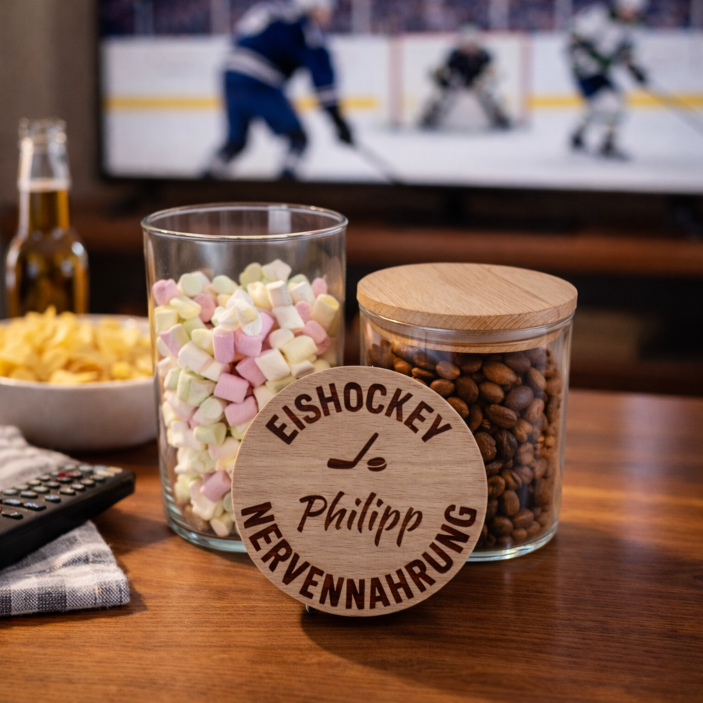 Storage jar of ice hockey snacks for nerves